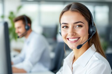 Smiling woman wearing a headset working in a modern office, with an unfocused colleague in the background, concept of customer service. Ai generative