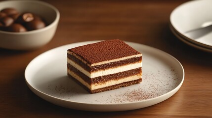 A slice of tiramisu with visible coffee-soaked layers and a dusting of cocoa powder displayed on a white plate 