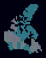 Fototapeta premium Canada dotted map. Digital style map of the country on a dark background. Canada shape with circle dots. Colored dots style. Large size circles. Abstract vector illustration.