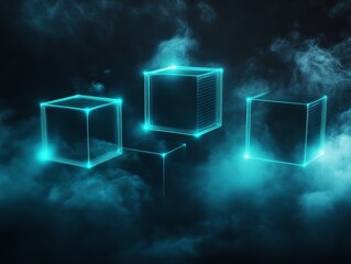 Glowing Wireframe Cubes in Dark Mystical Fog