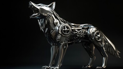 Naklejka premium Chrome robotic wolf howling, dark background.