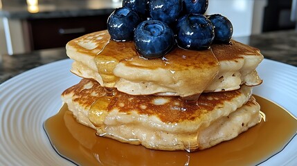 A stack of fluffy pancakes drizzled with maple syrup and topped with fresh blueberries on a white plate 