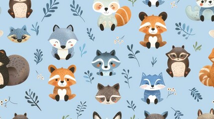 Fototapeta premium A playful pattern featuring cute illustrated woodland animals on a light blue background.