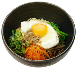 Traditional Korean Bibimbap with Fried Egg in Ceramic Bowl