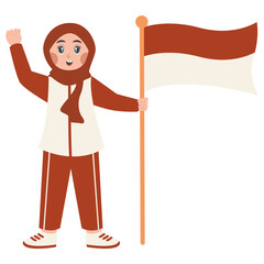 Hijab Girl Holding Indonesian Flag. indonesian Independence Day Celebration. Vector Character Illustration