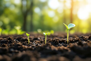Fototapeta premium Green seedlings sprouting from dark soil in a sunny outdoor environment, with a blurred forest background. Concept of growth, nature, and sustainability. Ai generative
