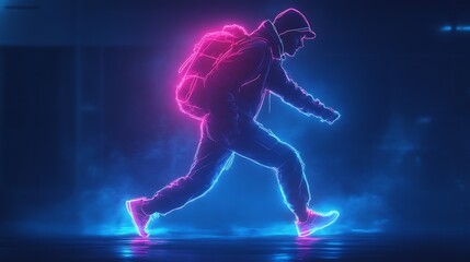 Neon Lit Figure Walking Night Cityscape