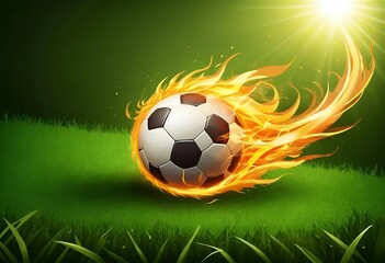 Fototapeta premium Fiery Soccer Ball Soaring Across Green Grass