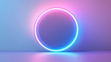 Glowing neon circle frame on pastel background.