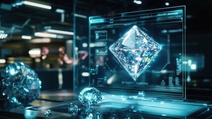 Fototapeta premium Discover cutting-edge technology with a futuristic digital interface showcasing advanced holographic designs in a modern tech lab environment.