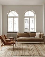 Stylish Minimalist Living Room with Cozy Beige Sofa and Modern Brown Armchair Framed by Arched Windows Filling Space with Natural Light and Comfort