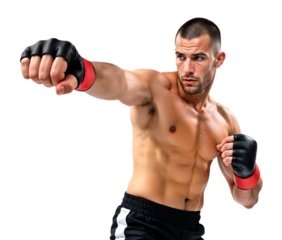 Male combat fighter posing by throwing a punch zoom close to the camera