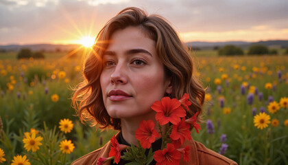 Naklejka premium Woman with flowers enjoying sunset in a vibrant field. International Women's Day 