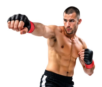 Male combat fighter posing by throwing a punch zoom close to the camera - Powered by Adobe