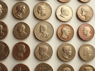 A collection of various coins arranged in a grid pattern, showcasing different designs.