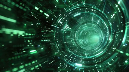 Abstract digital tunnel with glowing green elements, suggesting technology and data flow.