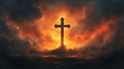 Fototapeta premium Fiery Inferno Cross Silhouette Against Night Sky