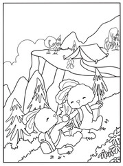coloring book page, two rabbits hiking in a mountainous forest