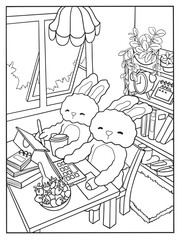 Obraz premium coloring book page, two cute rabbits working at a desk with a laptop and a cup, surrounded by books and plants