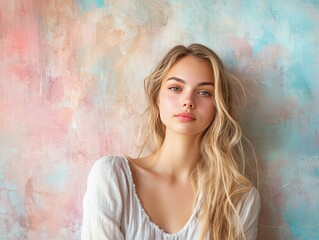 Fototapeta premium A young woman with long hair poses against a pastel-colored textured wall.