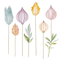 Watercolor illustration of stylized floral elements with pastel colors and gold stems, perfect for design projects.