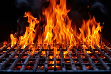 A fiery grill with bright orange flames rising above the iron grate, set against a dark background, symbolizing heat, cooking, and energy. Ai generative