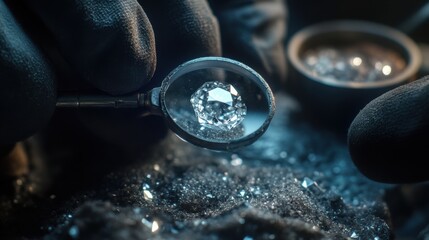 Expert jeweler carefully inspects a brilliant diamond for quality and clarity, highlighting exceptional craftsmanship in gemstone evaluation.