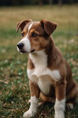 A cute brown puppy with a distinctive white patch on its face