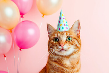 Cute ginger cat wearing a colorful party hat celebrates birthday with pastel balloons on a pink background