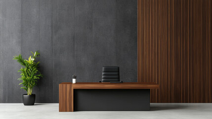 Sleek and sophisticated home office featuring elegant wooden desk, black chair, and decorative plant against modern gray wall