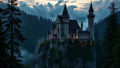 Fototapeta premium Fantasy Fortress Amidst Clouds and Pines