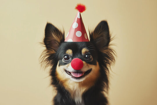 Happy chihuahua dog wearing birthday hat and red clown nose is smiling on beige background