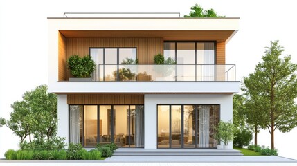 Fototapeta premium Modern Two-Story House with Balcony and Green Trees