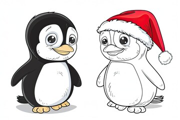 Fototapeta premium Black-and-white Christmas coloring page and its vibrant colored version for kids