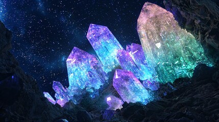 Obraz premium Luminous crystals glowing in a dark cave under a starry night sky.