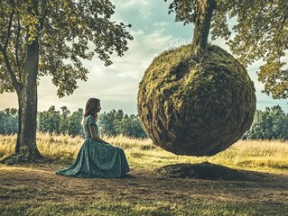 A serene scene of a girl in a dress sitting before a floating, moss-covered sphere.