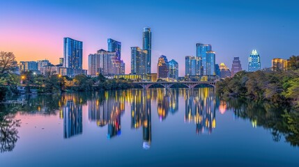 Obraz premium Austin, Texas skyline at dawn reflected in Lady Bird Lake.