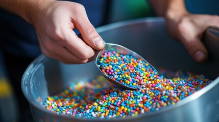 Obraz premium Colorful candy production process: close-up of hands scooping vibrant, multicolored sweets in a factory setting, showcasing confectionery industry.