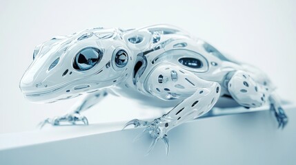 Futuristic white robotic lizard on white background.