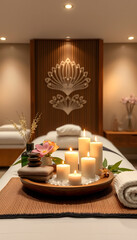 Beautiful spa composition on table in wellness center, enhance, with white tones
