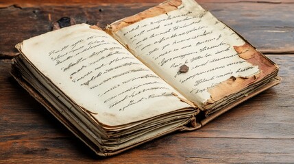 Obraz premium Open antique book with aged, handwritten pages on wooden surface.