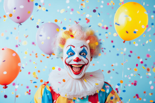 Cheerful clown with colorful makeup celebrating with balloons and confetti, expressing joy and excitement on a vibrant blue background