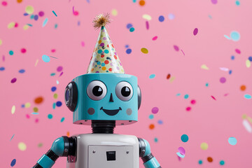 Cheerful robot wearing a party hat enjoys a shower of colorful confetti, celebrating a special occasion on a vibrant pink backdrop