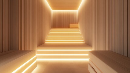A modern, illuminated interior space with stairs and wooden benches, designed for relaxation.