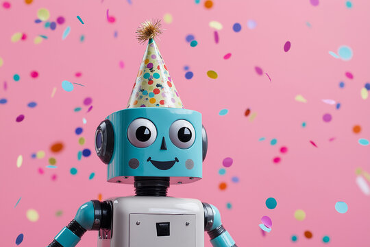 Cheerful robot wearing a party hat enjoys a shower of colorful confetti, celebrating a special occasion on a vibrant pink backdrop - Powered by Adobe