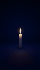 Fototapeta premium Capture the essence of solitude with a lone candle on a deep blue background, evoking a sense of calm and reflection, Backlit, with white tones