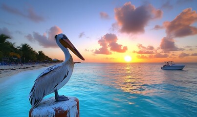 Pelican at sunset on tropical beach.