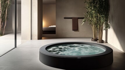 Fototapeta premium Modern bathroom featuring a round hot tub with water, surrounded by minimalist decor.