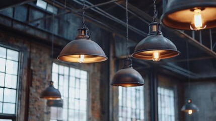 A close-up of industrial lighting fixtures hanging from the high ceiling of a repurposed factory-turned-loft