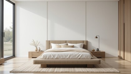 Minimalist bedroom with a wooden bed and bright natural light, creating a clean and calm atmosphere, suitable for home decor or lifestyle projects.
